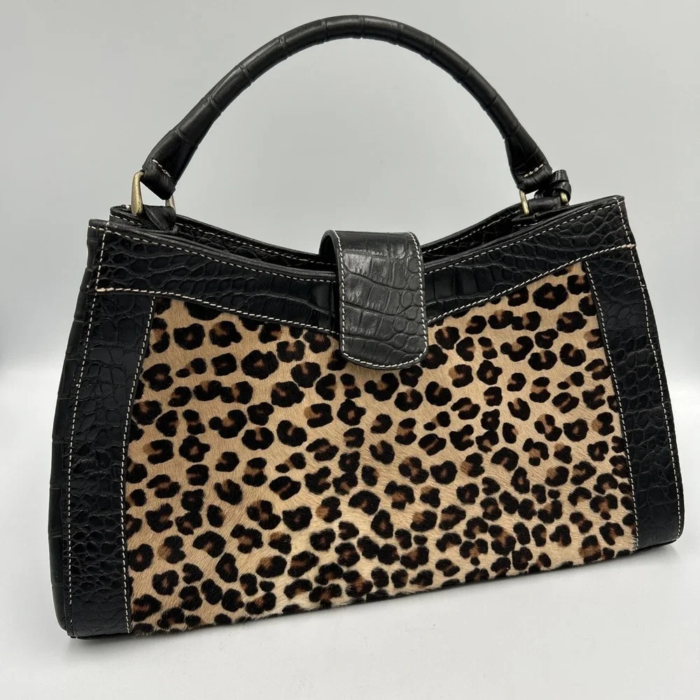 Vtg BRAHMIN Cheetah Print Calf Hair Black Italian Leather Croc Purse Bag 90's - Picture 1 of 14